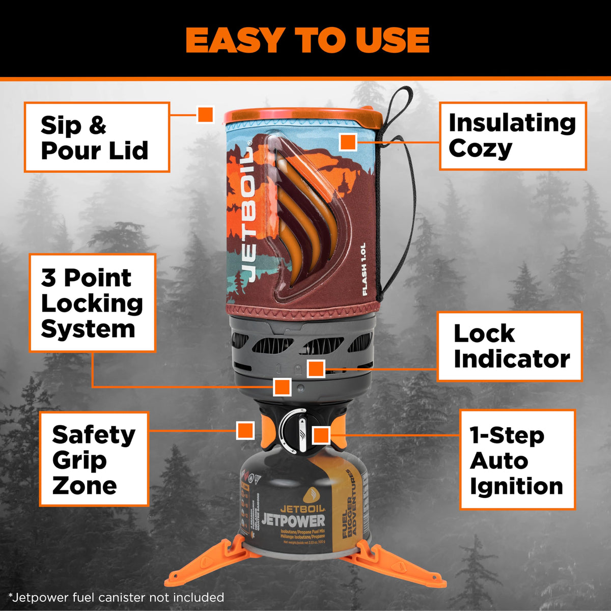 Jetboil Flash Portable Fast Boil Stove for Camping and Backpacking with 1-Step Auto Ignition, Propane/Isobutane Burner with Cooking Cup