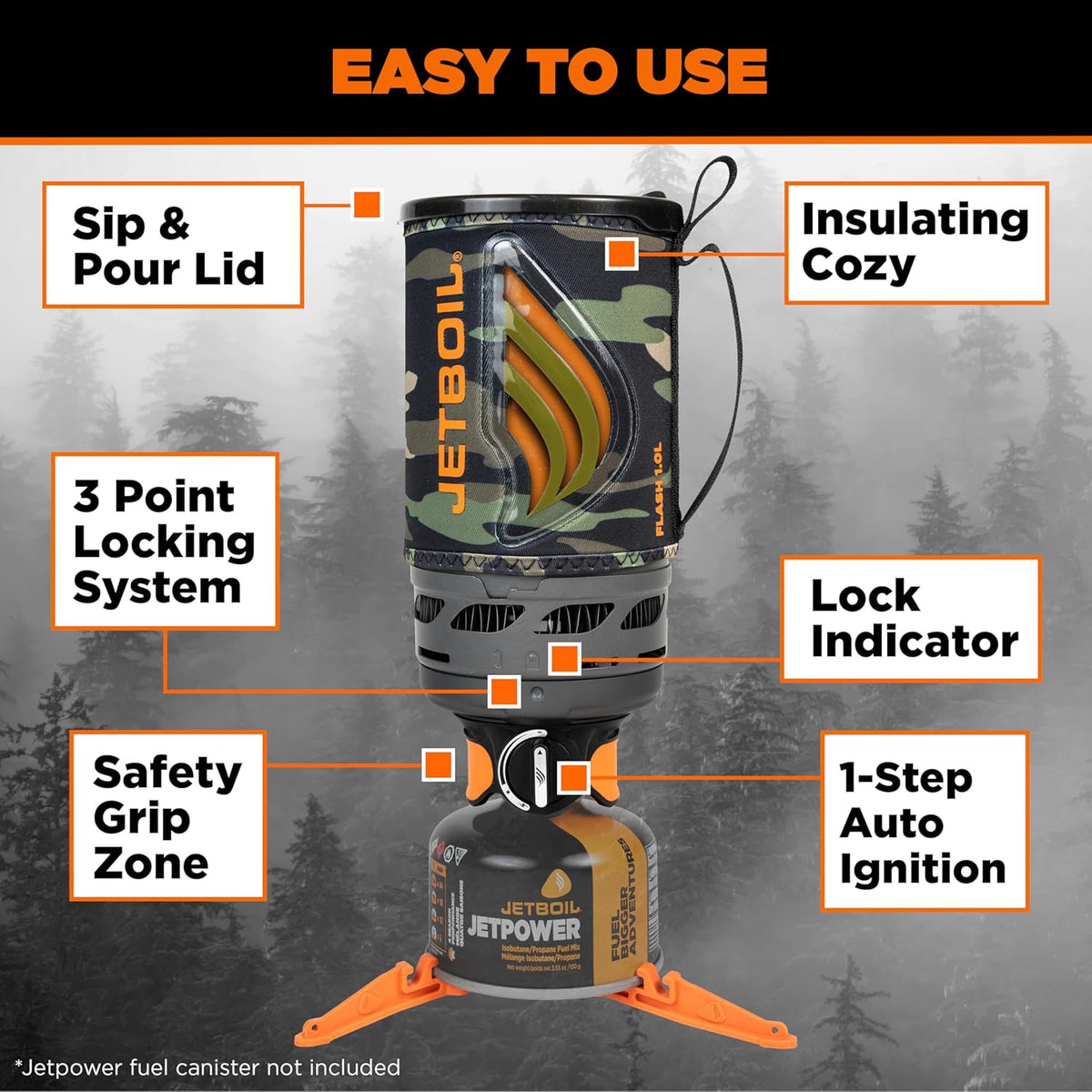 Jetboil Flash Portable Fast Boil Stove for Camping and Backpacking with 1-Step Auto Ignition, Propane/Isobutane Burner with Cooking Cup