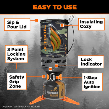 Jetboil Flash Portable Fast Boil Stove for Camping and Backpacking with 1-Step Auto Ignition, Propane/Isobutane Burner with Cooking Cup