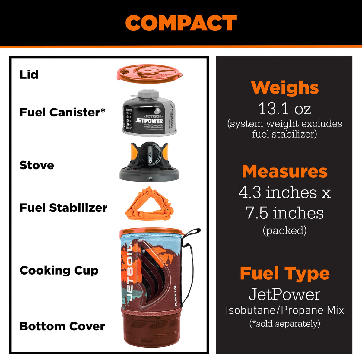 Jetboil Flash Portable Fast Boil Stove for Camping and Backpacking with 1-Step Auto Ignition, Propane/Isobutane Burner with Cooking Cup